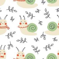 Spring cute snails with leaves seamless pattern. Perfect for T-shirt, greeting card, poster, textile and prints. Hand drawn vector illustration for decor and design.