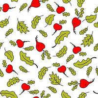 Doodle seamless pattern with vegetables radish and salad lettuce leaves. vector