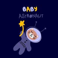 Hand drawn cat with star and text BABY ASTRONAUT. vector