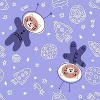 The cat is an astronaut in space doodle seamless pattern. vector