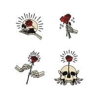 conjunto de varias ilustraciones de vectores hechas a mano con calaveras de rosas