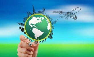 hand drawn traveling around the world by air plane on nature background photo