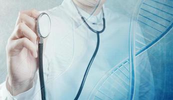 Double exposure of scientist doctor hand holds virtual molecular structure in the lab as concept photo