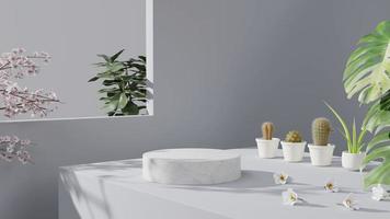 Cylindrical white marble podium with natural plants 3D render illustration photo