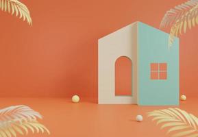 Minimal house mock up with palm leaves 3D render illustration photo