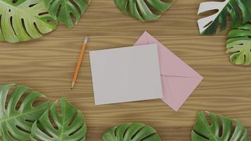 Envelope with empty paper on wooden plank 3D render illustration photo