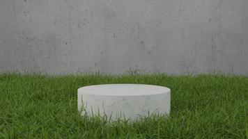 Mockup cylindrical marble podium on grass field and concrete wall 3D render illustration photo