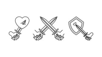 Crossed sword, heart stabbing knife and defense barrier line icon set. Special collection linear icon set with message like love pain and defense. Creative knife sharp tool, editable linear icon set. vector