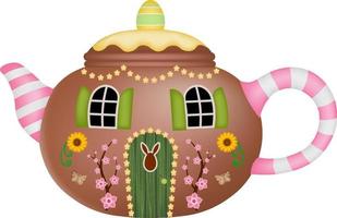 Isolated house in shape of teapot with flowers and easter egg vector