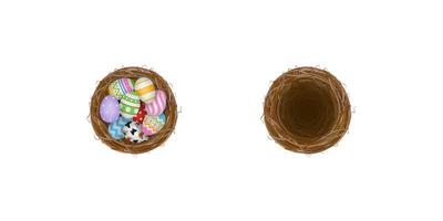 isolated empty nest and nest with easter eggs vector