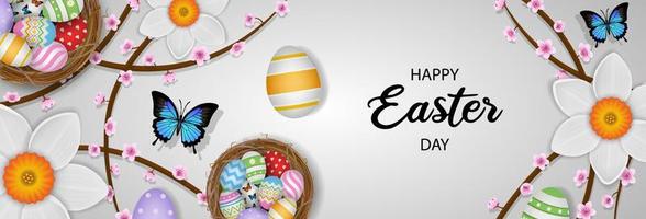 happy easter banner with colorful eggs butterflies and flowers vector