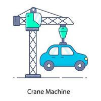 icono de contorno plano de la máquina de grúa, máquina de construcción vector