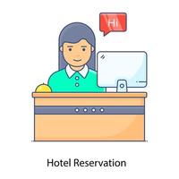 Reception flat outline vector showing receptionist, service assistant