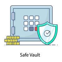 Money locker with shield icon in flat outline design, secure vault vector