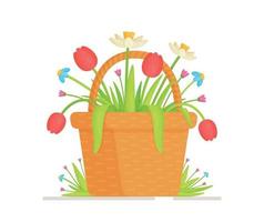 Vector illustration of a small basket with tulips and daffodils.