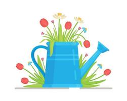 Flower Jar. Vector illustration of congratulations to all girls and women. Gifts and flowers. Bouquet in a blue watering can.