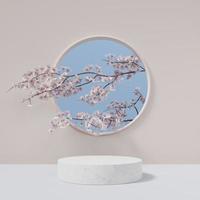 podio cilíndrico de mármol blanco con rama de flor de cerezo 3d render ilustración foto
