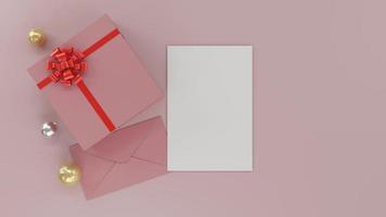 Envelope with empty paper and gift box festive card or love letter 3D render illustration photo