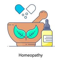 Herbal medicines inside mortar and pestle, flat outline vector of homeopathy