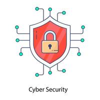 Padlock inside shield, concept of cybersecurity in flat outline icon vector