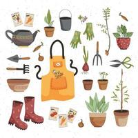 Garden items. Vector set of elements for planting. Seedlings and pots. Spring set for the garden