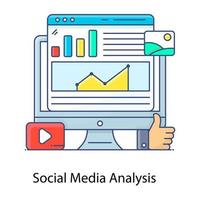 Gather data from social media, flat outline concept icon of social media analysis vector