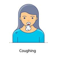 Sick lady with flu coughing, flat outline concept icon vector