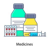 frascos de medicamentos con tabletas, medicamentos icono de contorno plano vector
