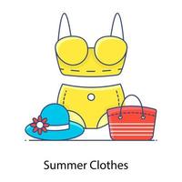 Summer clothes icon in flat outline style, lingerie with purse and hat vector