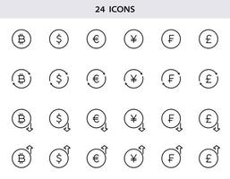 Dollar, euro, bitcoin, pound, franc, yen line icons. Set of currency exchange line icons. Growth and fall of foreign currency. Outline money signs for finance. Vector illustration