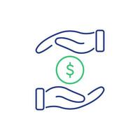 Save money line icon. Salary, investment finance and economy concept. Two hand holding dollar coin line icon. Payment, safety money, protection of currency. Vector illustration