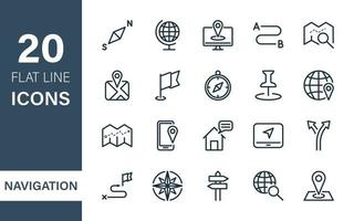 Navigation and Map line icons. Navigation, Road Location, Destination line icons. Map, Pointer, Pin, GPS, Compass, Geo Location, Traffic and Tourism linear icons. Vector illustration.