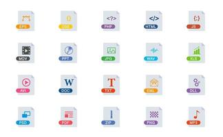 File Type Icons Set. Format and Extension of Documents. Set of eps, css, php, html, js, mov, ppt, jpg, wav, xls, avi, doc, txt, eml, dll, psd, pdf, zip, png. File Format Icon. Vector illustration.