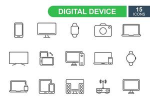 dispositivos inteligentes e iconos de línea de gadgets. pictogramas de línea de dispositivos y electrónica. teléfono móvil, reloj inteligente, computadora, computadora portátil, enrutador wi-fi, pc, tableta, íconos de cámara. ilustración vectorial vector