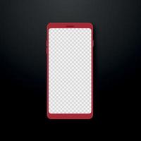 Realistic red smartphone on black background. 3D mobile phone mockup with transparent screen. Vector