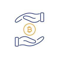 dos manos sosteniendo el icono de la moneda bitcoin. guardar el icono de la línea de dinero. moneda de criptomoneda global. icono de bitcoin dorado. pago, dinero de seguridad, protección de la moneda. ilustración vectorial vector