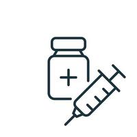 Coronavirus Vaccine line icon. Syringe with Bottle. Vaccine Against Covid. Syringe and Vaccine Vial flat line icon. Treatment for Coronavirus Covid-19. Vector illustration.