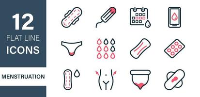 Woman Menstruation Cycle Icons Collection. Sanitary Pad and Periods of Menstruation line flat Icons Set. Periods Pad, Menstrual Cup, Tampons, Blood Drops, Pills. Vector illustration.