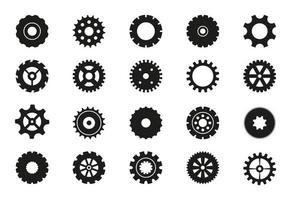 conjunto de engranajes de máquina negra. ruedas dentadas de transmisión e iconos de engranajes aislados en fondo blanco. colección de ruedas dentadas y engranajes. varios elementos de diseño de engranajes. ilustración vectorial vector