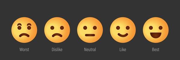 Feedback Scale Service with Emotion Icons. User Experience Rate with Feedback Scale. Yellow Emoji for Customer Feedback. Worst, Dislike, Neutral, Like, Best Emotion Icons. Vector illustration.