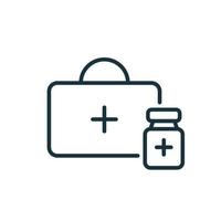 First Aid or Medical Kit icon. Medical Box line icon. First Aid Bag with Bottle of Vaccine. Vaccine Against coronavirus. Vector illustration.