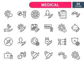 Set of vaccine line icons. Injection, prevention and treatment of covid. Medical syringe and ampoules, certificate for Vaccine. Linear icons for medical vaccine. Vector illustration.
