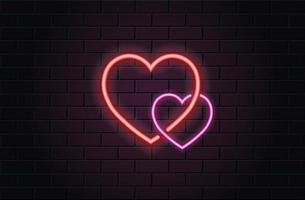 corazón de neón rojo y rosa para el día de san valentín sobre fondo de pared de ladrillo negro vector