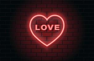 Red neon heart for valentines day on black brickwall background vector