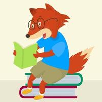 Cute clever fox character sitting and reading a book