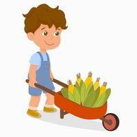 niño pequeño con una carretilla llena de mazorcas de maíz vector