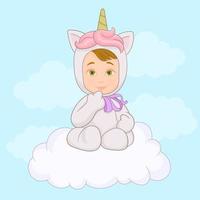 Cute baby in unicorn pijama on a cloud vector