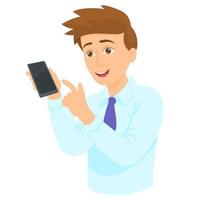 Young man with smart phone in hand pointing with forefinger to product. vector