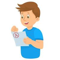 happy kid receive the 1st award from exams, holding a paper in hand vector