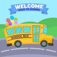 autobús escolar con banderas festivas y paseos en globo a la escuela vector